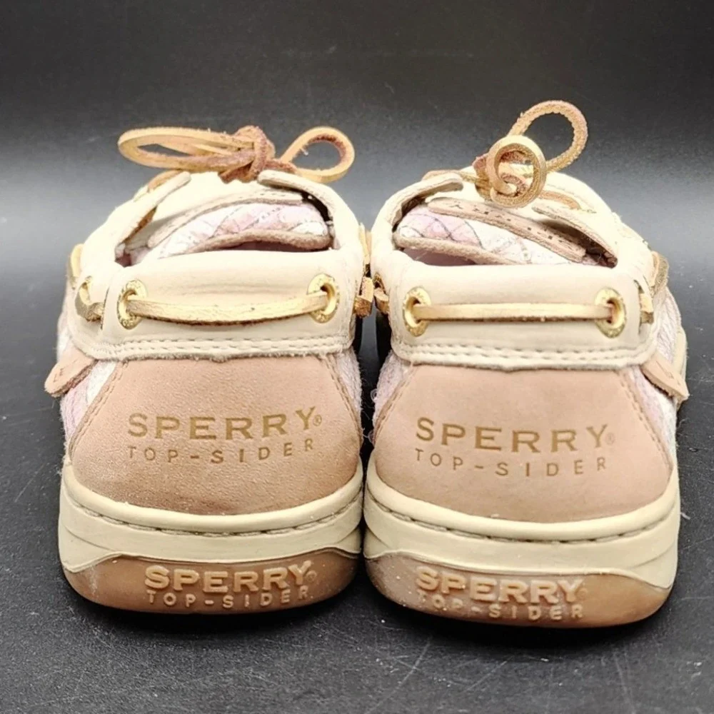 Sperry 6.5M Cream Pink Plaid Leather Boat Shoes Preppy Coastal Nautical Loafers